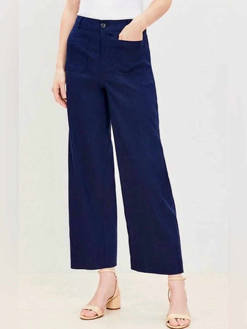 LOFT Linen Blend Wide-Leg Cropped Pants in Navy